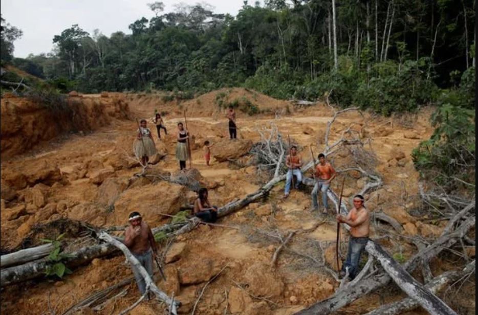 Indigenous people from the Mura tribe shows a deforested area.
